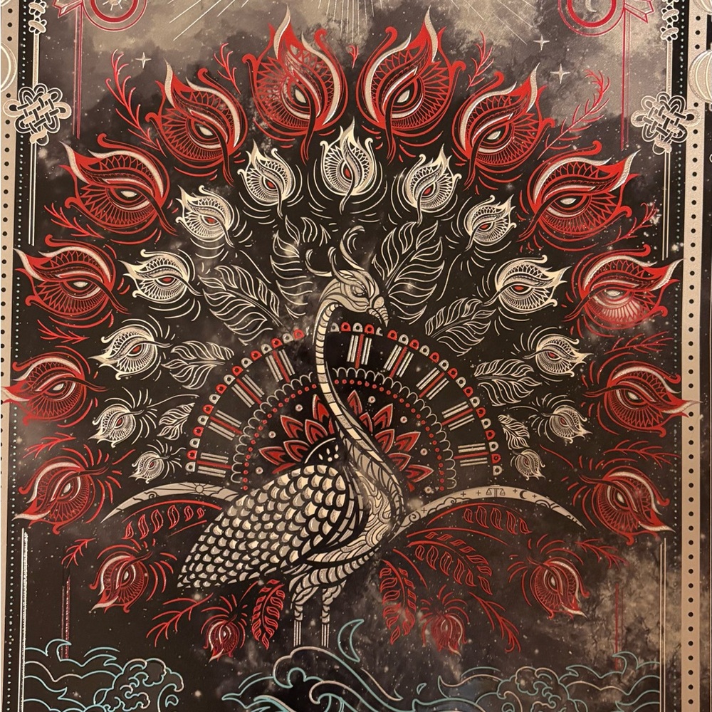 World Tarot Card - Red and Silver Peacock Metal Poster Limited Edition